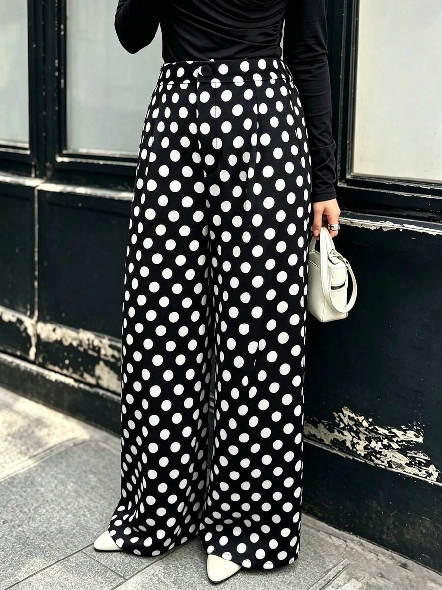 Women's All‑Season Elegant Casual Wide‑Leg Pants, Classic Contrast‑Color Polka‑Dot Design, Trousers For Daily Commute And Travel - Black and White - View 1
