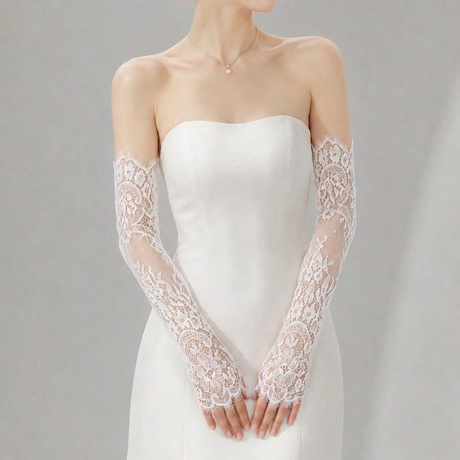 1 Pair Women's Vintage Lace Long Arm Sleeves, Suitable For Wedding Evening Party - White - View 1