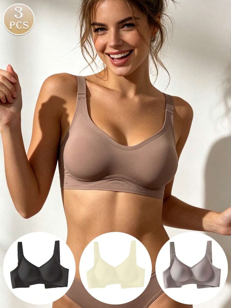 3pcs/Pack Women's Plus Size Wireless Sports Bras, Lift & Support Chest, Thin Style Minimizer Bras