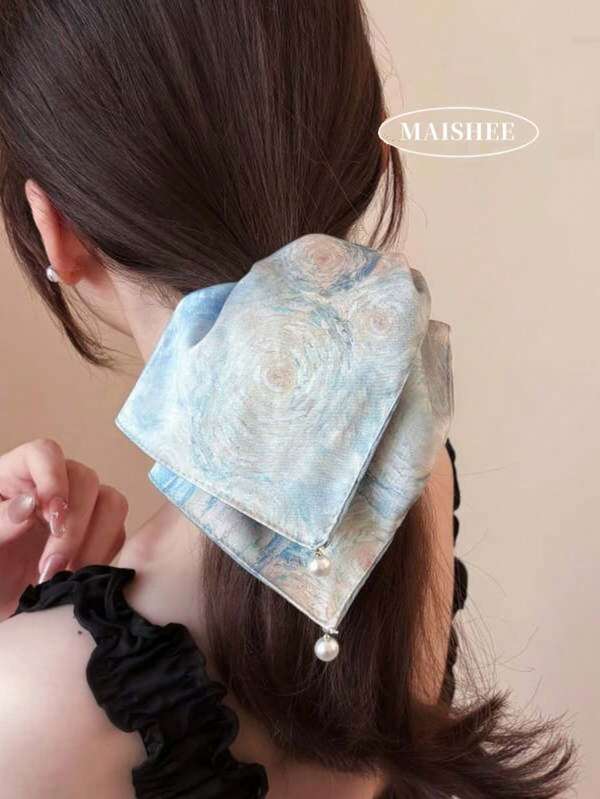 1pc Van Gogh Starry Night Print Satin Ribbon Square Scarf Hair Tie, Smooth Faux Satin Fabric, Four-Corner Pearl Pendant Accents, Vintage Oil Painting Aesthetic, Suitable For Artistic Girls, Fits Daily Work Commute, Travel Photography, French Style Outfit, Can Be Used As Hair Ribbon Hair Accessory