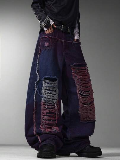 Men's HK Streetwear Wide Leg Jeans, Creative Spliced & Ripped Design With Unique Hand-Painted Patterns, Loose Versatile Pants (No Belt & Accessories)