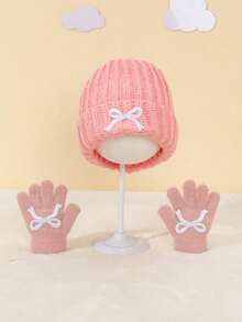 2件組女童幼兒刺繡蝴蝶結針織帽 + 刺繡蝴蝶結手套 2件套 秋冬可愛針織帽套保暖防護套 柔軟刷毛針織套 兒童冬季針織套 - 2pcs刺繡蝴蝶結+手套 - 查看 13