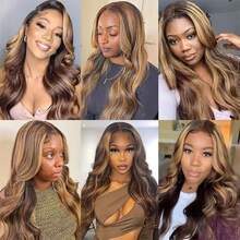 P4/27 Highlight, pelucas de cabello humano ondulado de 34 pulgadas para mujer, peluca frontal de encaje transparente HD 13x4, pre-arrancada, color rubio miel degradado, pelucas de cabello virgen brasileño con baby hair, densidad del 200%. - destacado427 - Ver 6