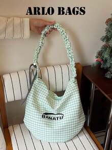 Bolso de hombro con estampado de patrón de cuadros texturizados, detalle de decoración de correa de hombro plisada, estilo casual y relajado, bolso de hombro en forma de media luna para mujer, bolso para uso diario, compras y viajes, bolso grande suave y relajado, bolso de hombro para combinar a diario - Verde - Ver 8