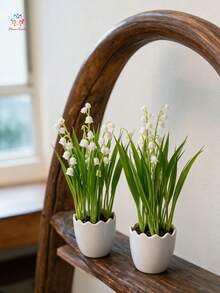 2 Buah Tanaman Pot Bunga Lily of the Valley Buatan, Tanaman Hias Miniatur Plastik Realistis, Cocok untuk Ruang Tamu, Meja Kantor, Ambang Jendela, Dekorasi Rumah, Bebas Perawatan - Hijau - View 1