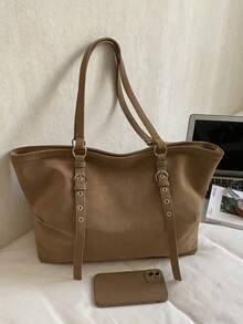Large Capacity Tote Bag, Retro Style Faux Leather Handbag With Front Pocket For Work & Travel - Brown - View 5