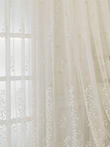 1件白色奢華風小花園花卉珠飾刺繡薄紗窗簾，半透明，適用於客廳、臥室、陽台、辦公室居家裝飾，四季皆宜 - 白色 - 查看 4