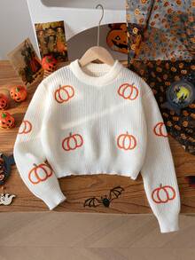 Girls' Halloween Pumpkin Embroidered Crew Neck Long Sleeve Sweater, Chunky Knit Texture, Sweet & Playful Casual Versatile Pullover, Suitable For Daily Wear, Parties, Spring/Autumn/Winter - Apricot - View 1