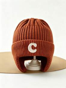 1pc Baby Winter Knit Hat, Toddler Thick Warm Letter Knit Beanie, Comfortable Soft Elastic Thick, Suitable For Winter Outings - Brown - View 7