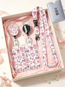 Medical Element Cartoon Card Holder Set, Pink Medical Pattern Acrylic Badge Holder, With Retractable Lanyard And Long Neck Strap, Nurse Student ID Card Holder, Anti-Loss Portable, Fresh And Sweet Style, Suitable For Commuting, Work, Campus Use, Recommended Gift For Family, Friends, Colleagues, Teacher's Day, Back To School, Ramadan - Multicolor - View 7