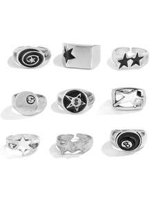 Xiacheng 4/9Pcs Chunky Thick Billiards Black Eight Layered Finger Rings Set Gothic Punk Y2K Stackable Knuckle Band Rings Silver Stars Jewelry For Women Men - Multicolor - View 1