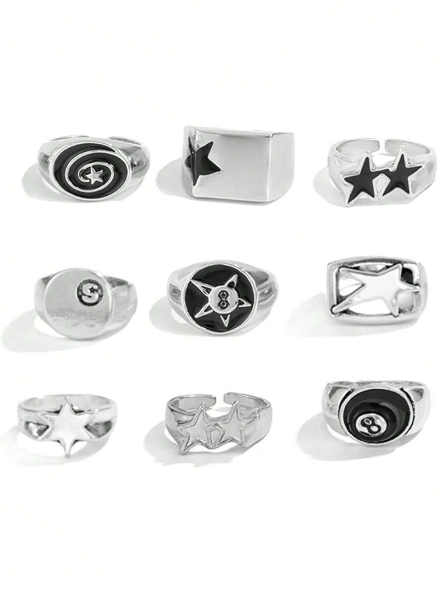 Xiacheng 4/9Pcs Chunky Thick Billiards Black Eight Layered Finger Rings Set Gothic Punk Y2K Stackable Knuckle Band Rings Silver Stars Jewelry For Women Men - Multicolor - View 1