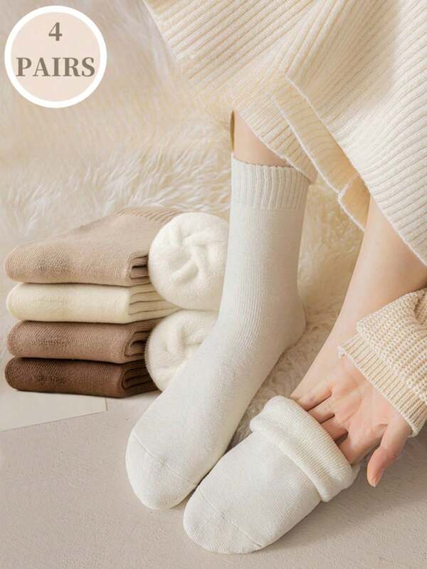 1/4 Pairs Women's Warm Socks, Thick Thermal Terry Socks, Suitable For Winter Wear, Can Be Used As Boat Socks, Sleep Socks, Floor Socks, Terry Socks, Colors: Black, White, Solid Color Style, 8/12socks