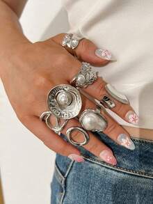 29/15/7pcs Elegant Vintage Casual Faux Pearl Geometric Flower Metal Ring Set For Women Daily Wear - Silver - View 9