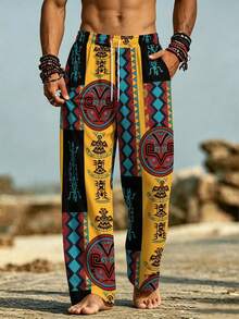 Retro Mexican Indigenous Print Men's Loose Drawstring Waist Surfing Beach Holiday Wide Leg Pants, Print Sublimation - Multicolor - View 2