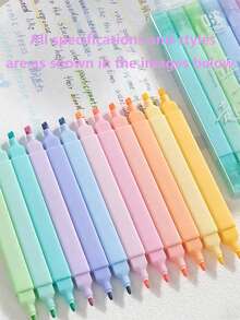 OBOVAY 12pcs/1 Set Soft Multicolor Dual-Tip Fluorescent Markers, Fresh Macaron Low Saturation Color Design, Dual-Tip Fiber Nib, Thick & Thin Dual-Use, Quick-Dry Ink, Smooth Writing, Vibrant Color, Smudge-Resistant, Suitable For Textbook Highlighting, Classroom Notes, Key Point Marking, Note Categorization, Textbook Marking, Diary Writing, Planner Decoration, Schedule Recording, Coloring Painting And Office Document Marking - Multi-color Dual-tip Highlighter - View 12