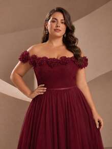 VIPGIRL Women's Elegant Plus Size Off-Shoulder Formal Evening Gown, 3D Rose Mesh Detail, Long Flare Ball Gown - Burgundy - View 4