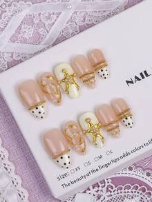 10pcs Handmade Medium Almond Shaped Classic French Press-On Nails, Y2K Style, Nude Color, Polka Dot French, Pearl Metallic Decor, Vintage Elegant Manicure, Suitable For Party, Daily Wear, Comes With Full Set Of Nail Tools, Perfect Gift For Women - Multicolor - View 3