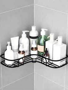 1/2pcs No-Drill Bathroom Corner Shelf, Bathroom & Kitchen Storage Rack, Practical Home Storage Tool, Home Decor, Bathroom Organizer, Bathroom Decor Accessories, Suitable For Back To School Season, Bathroom, Kitchen, Halloween Decor, Christmas Decor (3pcs(1 Shelf + 2 Hooks)/Set) - Black - View 2