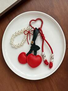 1pc Leather Cherry Heart Shaped Bag Charm With Pearl Beads Heart Carabiner Korean Style Girl Backpack Pendant Keychain - Multicolor - View 6