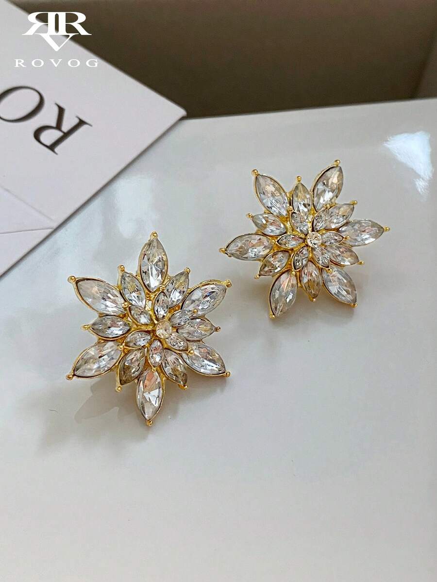 1 Pair Elegant Elegant Full Rhinestone Glass Snowflake Flower Stud Earrings Suitable For Women Holiday Party Gathering - Yellow Gold - View 1