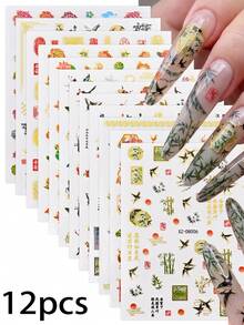 12 Buah Stiker Kuku Gaya Cina, Foil Emas, Burung Walet Bambu, Kaligrafi, Pola Jendela Lentera, Stiker Seni Kuku Perekat untuk Dekorasi Manikur DIY - MultiWarna - View 13