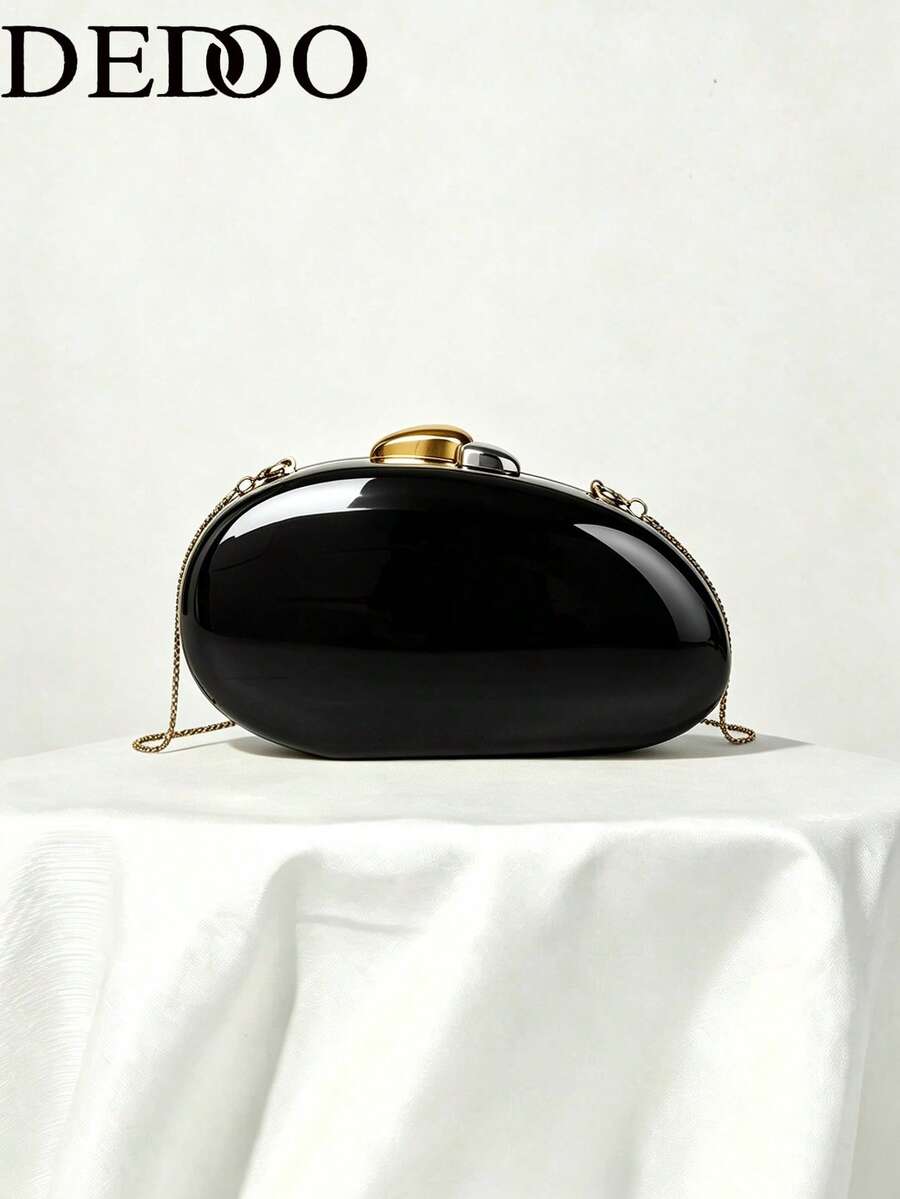 Women's Evening Clutch, Solid Color Hard Shell, Dual-Tone Metal Clasp, Detachable Chain Strap, Fashionable Portable Hard Shell Wallet, Suitable For Weddings, Parties, Balls - Black - View 1