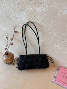Dedoo Women's Shoulder Handbag With 3D Rose Flower Applique Pattern, Long Spaghetti Strap, Romantic Portable Bag Suitable For Dating, Wedding, Summer Use (Random Pattern) - Black - View 5
