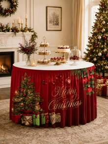 1件裝聖誕桌裙，紅色聚酯纖維裝飾桌裙，印有Merry Christmas字母、聖誕樹、禮物盒與吊飾圖案，彈性桌布裙，適用於節日派對、甜點桌、宴會與居家裝飾 - 彩色 - 查看 1