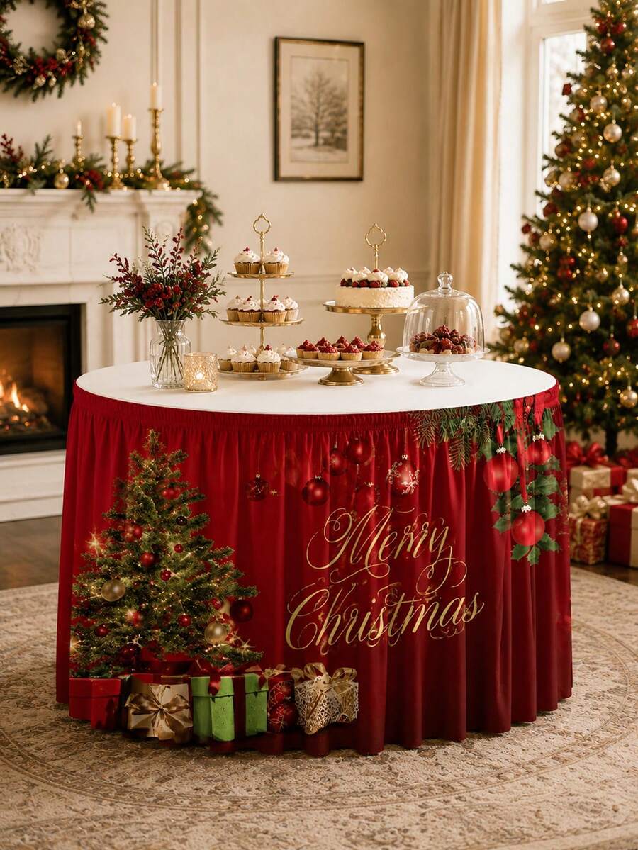 1件裝聖誕桌裙,紅色聚酯纖維裝飾桌裙,印有Merry Christmas字母、聖誕樹、禮物盒與吊飾圖案,彈性桌布裙,適用於節日派對、甜點桌、宴會與居家裝飾 - 彩色 - 查看 1