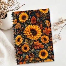 1PC A5 Sunflower Autumn Floral Spiral Notebook, 50 Pages/25 Sheets, Dark Blue Warm Yellow Sunflower Maple Leaf Berry And Vintage Botanical Design Journal For Daily Writing, Study Notes, Seasonal Records And Floral Theme Gifts - A5 - View 4