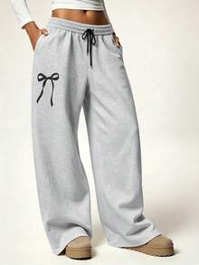 Plus Size Women's Gray Bowknot Print Wide Leg Sweatpants, Elastic Waist Loose Straight Leg Casual Sports Drawstring Long Pants - Light Grey - View 2