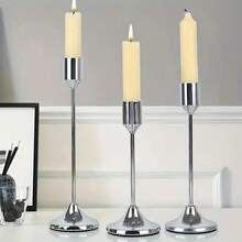 Luxury Electroplated Metal Candle Holder, Glossy Mirror Finish, High-Low Combination Design, Non-Slip Base To Protect Tabletop, Suitable For Long Taper Candles, Ideal For Home Dinner, Party Gathering, Wedding Hotel Tabletop Decoration - Silver - View 7