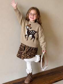 Sweater Lengan Panjang Motif Rusa Jacquard Kerah Bulat untuk Anak Perempuan Remaja - MultiWarna - View 4