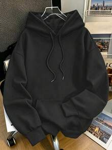 Plus-Size Women's Casual And Versatile Tropical Papaya Print Hoodie, Featuring Drawstring And Pockets, Perfect For Everyday Wear In Autumn And Winter. - Black - View 2
