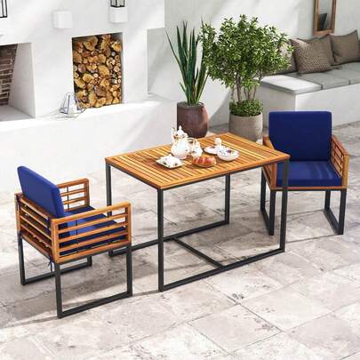 4-Person Acacia Wood Patio Dining Table With Metal Frame For Porch, Garden, Deck