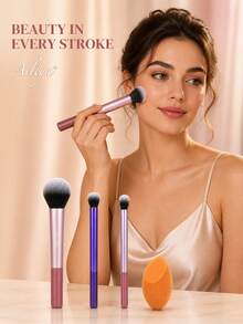 Ailiya 5-Piece Multi-Tasking Makeup Brush Set With Soft Synthetic Nylon Bristles And Aluminum Ferrules Face And Detail Brushes And Angled Makeup Sponge, Pink And Coral Beauty Tool Kit For Foundation, Powder, Blush, Contour And Everyday Makeup - Multicolor - View 2