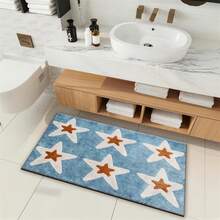 1pc Blue Background White & Brown Five-Pointed Star Pattern Bathroom Mat, Bathroom Rug, Blue Background White & Brown Five-Pointed Star Pattern Doormat, Small Rug, Carpet, Floor Mat, Home Decor, Area Rug, Outdoor Mat, Home Decor, Area Carpet, Bedroom Rug, Washable Carpet - Multicolor - View 3