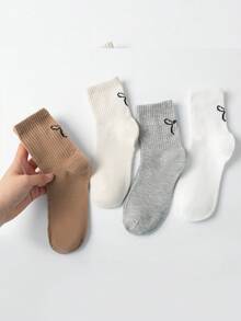 4/8 Pasang Kaos Kaki Panjang Selutut Nyaman Kasual Serbaguna dengan Bordir Pita di Tumit, Cocok untuk Semua Musim - MultiWarna - View 2