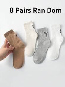 4/8 Pasang Kaos Kaki Panjang Selutut Nyaman Kasual Serbaguna dengan Bordir Pita di Tumit, Cocok untuk Semua Musim - MultiWarna - View 6
