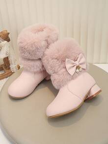 Girls' Pink Plush Bow High Heel Ankle Boots, Thermal Lined Thickened Winter Pearl Princess Dress Boots - Pink - View 2