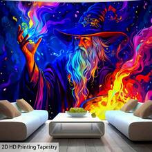 魔幻火焰巫師掛毯 彩虹長鬍子魔法師與大釜印花 漩渦色彩星雲星空壁掛 唯美室內牆面藝術裝飾布 - 火焰坩堝 - 查看 8
