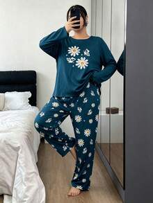 Setelan Piyama Wanita Ukuran Besar Motif Bunga & Kupu-kupu Lengan Panjang dan Celana Panjang, 2 Potong, Pakaian Santai Musim Gugur/Dingin - Biru - View 3