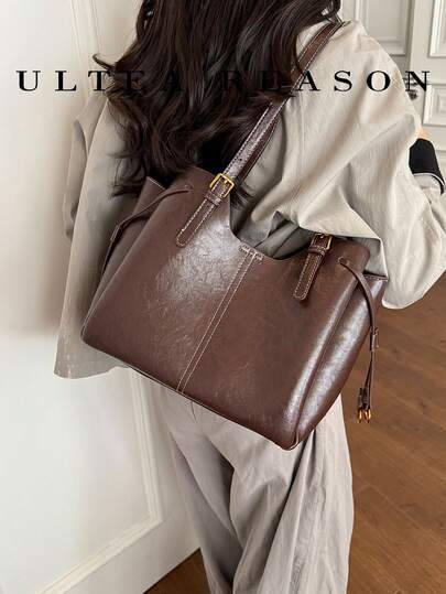 1pc Solid Color PU Leather New Women's Bag, Shoulder Bag, Tote Bag, Autumn/Winter New Style, Zipper Closure, Fashionable Square Handbag, Suitable For Commuting, Shopping, Dating
