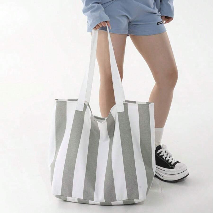 Bolso tote de gran capacidad para mujer con superficie suave de tela, color gris brumoso con rayas y bloques de color, bolso de compras de moda, bolso de mano minimalista para mujer - Gris Claro - Ver 1