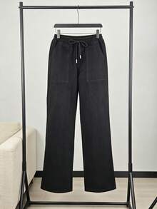 Pantalones vaqueros de corte amplio con cinturón elástico y cordón, bolsillos de trabajo amplios, tela suave lavada para disimular las piernas y favorecer la silueta casual diaria - Negro - Ver 3
