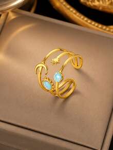 VceTd 3PCS Minimalist Fashion Style Stainless Steel Pendant Necklace With Moon Charm And Colorful Enamel Open Ring Jewelry Set For Women, Suitable For Evening Wear - Yellow Gold - View 7