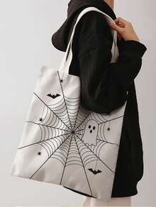 1pc Halloween Spider Web Print Canvas Tote Bag, Large Capacity Hand‑Held Shoulder Bag, Reusable Shopping Bag For Halloween Party Daily Commute - Beige - View 15