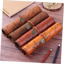 Vintage PU Leather Pencil Case Set, Large Capacity Sketching Pencil Bag, Art Supplies Makeup Bag, Roll-Up Design For Students And Travelers - Multicolor - View 5