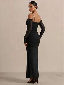 PARTHEA Gaun Maxi Mermaid Jala Hitam Elegan dengan Bahu Terbuka, Gaun Pesta Bodycon Berkerut dengan Tali Bahu Tipis dan Leher Bentuk Hati - Hitam - View 2